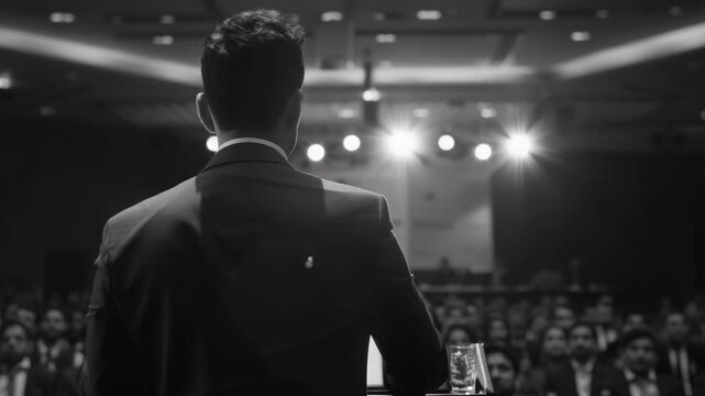 A businessman in formal attire speaking at an event