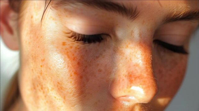 A person with distinct freckles on their cheek and nose is captured in a close-up shot, showcasing their blue eyes.