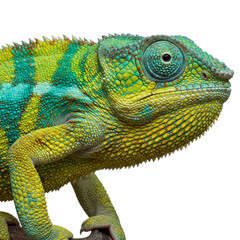 Obraz premium Realistic Chameleon Close-Up With Green Yellow Scales And Soft Bokeh Background