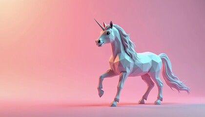 Obraz premium Low poly unicorn model stands on pink background. Minimalist polygonal creature with horn and flowing mane, fantasy horse in studio. Cute mythical animal.