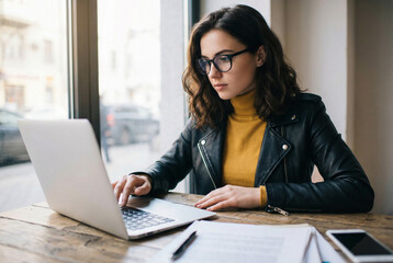woman working on laptop, young professional at laptop, focused freelancer using laptop, remote work at cafe laptop