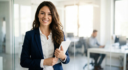 smiling businesswoman with tablet, confident female manager portrait, professional woman in modern office, corporate employee holding tablet