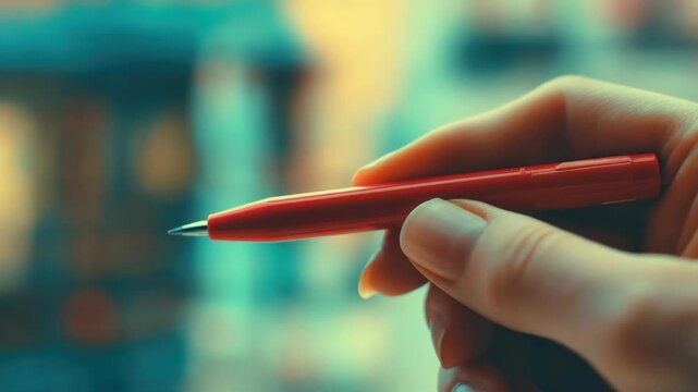 Close-up of hand gripping pen, poised for writing.
