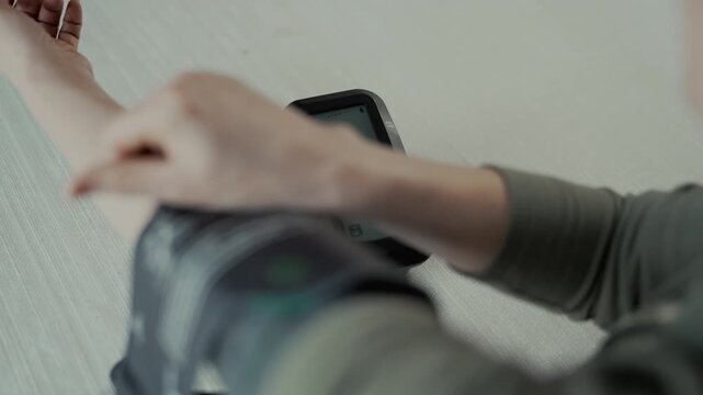 Woman sits at table and puts on blood pressure cuff and measure blood pressure using digital monitor. home healthcare, hypertension, cardiovascular health monitoring.