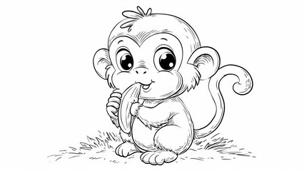 Obraz premium A cartoon monkey eating a banana in a field viewed from the front