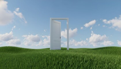 An open white door stands in a lush green meadow under a blue sky with fluffy white clouds viewed from the front