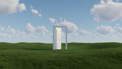 A serene landscape featuring a mysterious entrance in a lush green field under a partly cloudy sky