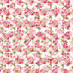 Patchwork floral seamless pattern with pink, green, and white quilt-style squares. Vintage decorative background ideal for fabric, crafts, scrapbooking, and country designs.