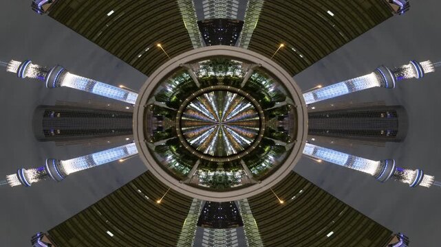 tokyo skyline made into abstract tiny planet pattern