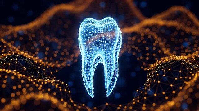 Vibrant digital tooth model with glowing connections and DNA strands, perfect for illustrating cutting-edge dental technology, biotechnology, or innovative healthcare concepts