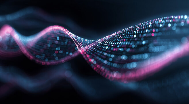 Abstract digital wave with glowing blue and pink binary code dots flowing smoothly in dark background, creating futuristic and dynamic atmosphere
