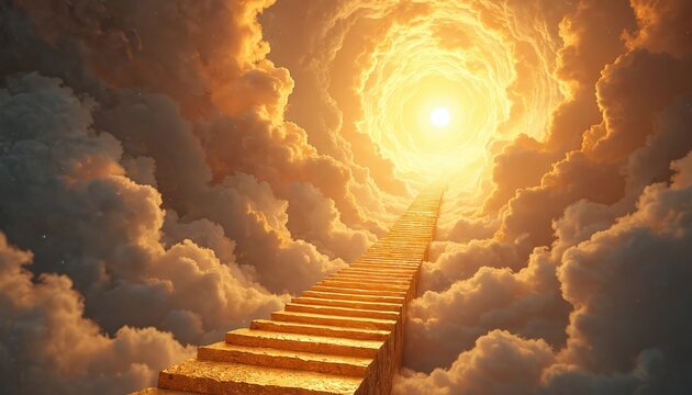Golden staircase leads upwards through clouds towards bright sun light. Celestial path guides toward divine glowing portal in sky. Represents spiritual journey afterlife ascension hope.