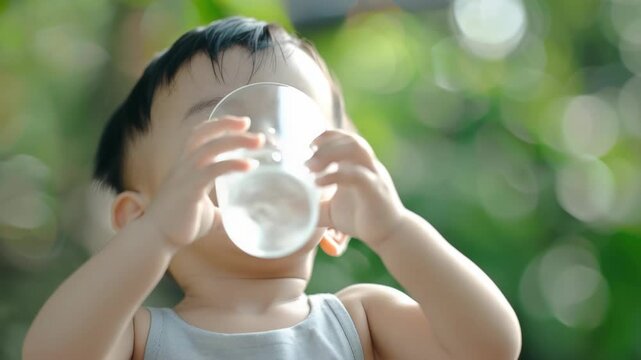 A young child with a joyful expression sipping water from a clear glass.