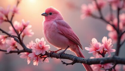 Small pink bird sits on blossoming tree branch with soft light. Delicate pink flowers bloom around tiny avian creature. Nature scene evokes gentle spring awakening.