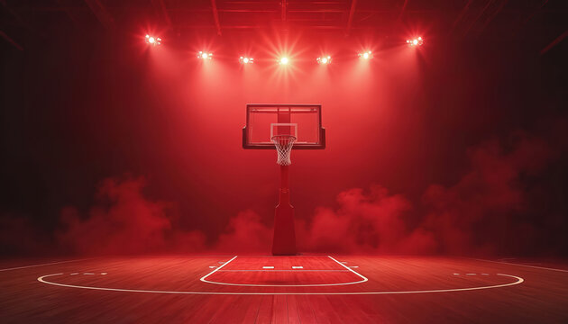 Empty basketball court with red stage lights and fog. Hoop and backboard stand ready for game. Wooden floor shows court lines. Dramatic atmosphere.