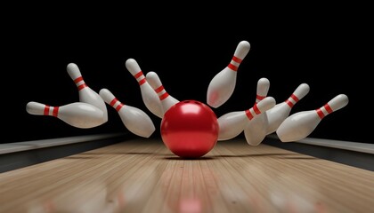 A red bowling ball hits white pins on a wooden lane from a close-up viewpoint