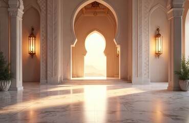 Ornate Islamic interior with arched doorway, lanterns, marble floors. Soft light enters from outside, illuminating mountains. Rich architectural space with pillars, decorative elements, potted plants.