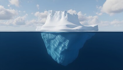 A massive iceberg floats serenely in the ocean with most of its mass hidden beneath the water's surface under a partly cloudy sky