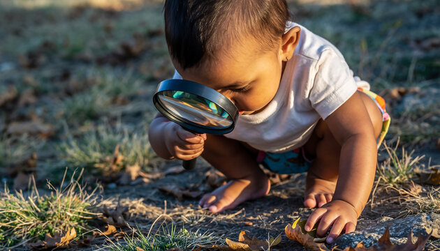 Toddler Exploring Nature Science. Toddler examining leaves with magnifying glass outdoors. Happy Childhood Moment