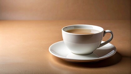 A simple yet elegant composition of a warm cup of tea on a white saucer, evoking feelings of comfort, relaxation, and a tranquil start to the day