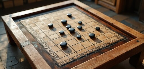 Antique board game setup on wooden table. Black stones are placed on tiled grid, suggesting strategic thinking and leisure. Close up shot from above.