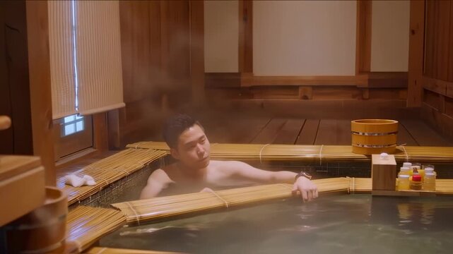 A man relaxes in a wooden onsen with steam