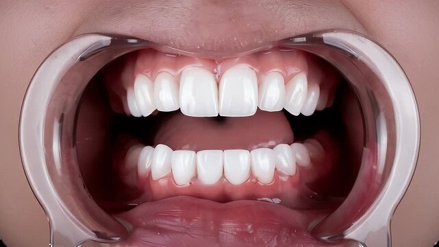 High-quality close-up image of teeth with a dental retainer in place, showcasing orthodontic treatment for a healthy, beautiful smile and proper teeth alignment