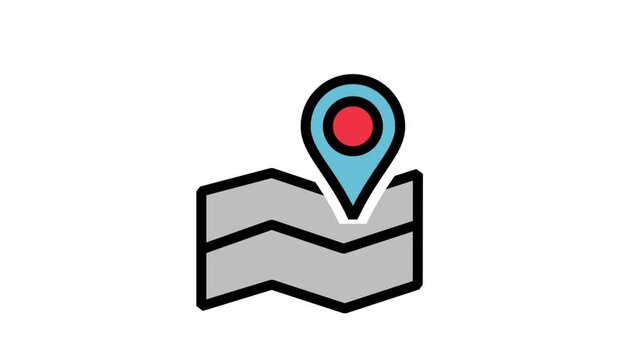 Colored map marker on a folded paper map animation for travel, tourism, and navigation guides.