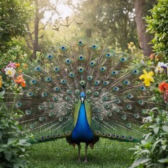 Obraz premium A beautiful peacock standing in a garden, fully spreading its vibrant tail feathers. It is facing forward and looking directly at the camera with a sharp gaze.