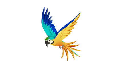 Obraz premium A dynamic illustration of a Blue and Gold Macaw flying diagonally, highlighting its bright yellow underbelly and blue wings.