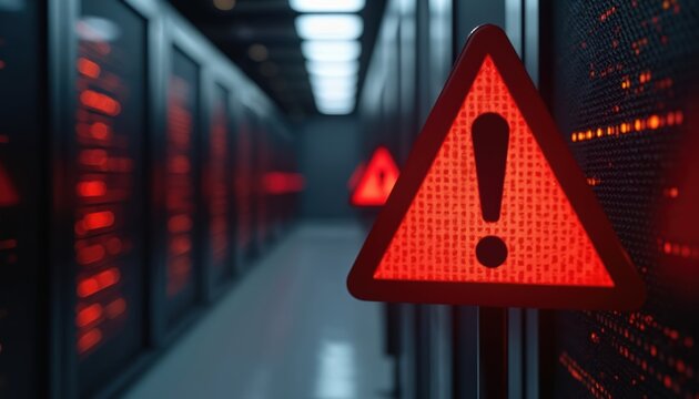 Red warning triangle alarm in server room. Computer data center alerts indicate system failure or security threat. Red lights flash on server racks. Digital information risk concept.