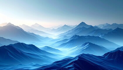 Serene blue mountain landscape with layered peaks and misty atmosphere.