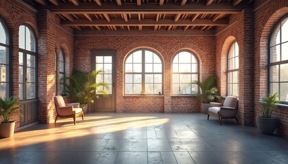 Fototapeta premium Sunlit loft studio with brick walls and arched windows. Two armchairs and potted plants create a relaxed atmosphere. Wide open space ideal for photoshoots, events, or commercial use in urban setting.