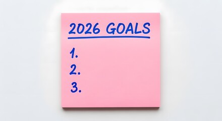 Pink sticky note with "2026 GOALS" handwritten, numbered list on white background