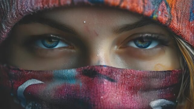 A close-up of a person's eye, focused and intense, with vibrant colors in the background and a partial view of their face.
