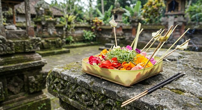 Balinese Canang Sari offering with colorful flowers and incense sticks on an ancient stone structure in a traditional temple courtyard.