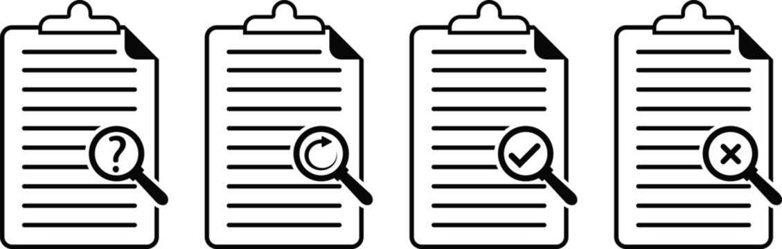 Document review icon set showing search, refresh, approve and reject actions for file checking, evaluation and verification processes.