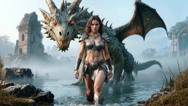 A warrior woman in ornate armor walks in misty water, her loyal green dragon companion with glowing red eyes looming behind her