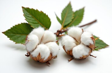 Two fluffy white cotton bolls with green leaves on stem. Closeup shot shows natural raw plant fiber material ready for harvest. Soft cotton plant buds.