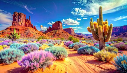 Vibrant Desert Landscape with Cacti and Wildflowers under Blue Sky.
