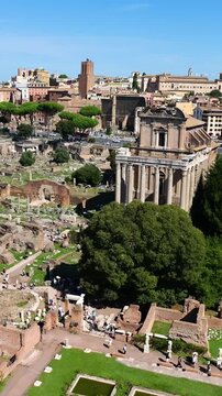 rome&rsquo;s ancient forum scattered ruins temple columns grassy courtyards statues visitor pathways framed by historic buildings domed churches basilica maxentius arches under rome 