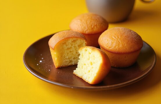 Fluffy Indonesian bolu kukus gula merah cupcakes made with brown sugar. Served on a dark plate with a yellow background. Delicious sweet dessert.