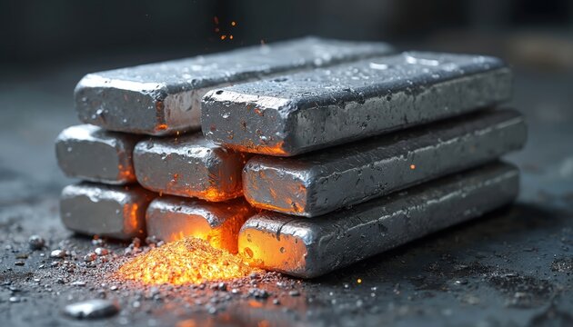 Stack of glowing hot aluminum ingots ready for processing. Metal bars are stacked, hot material glows with intense orange fire. Industrial metal production scene with sparks flying.