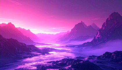 Misty mountain landscape at purple sunrise with foggy valley.