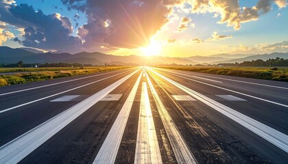 Empty asphalt road stretching towards a vibrant sunrise with mountains in the background.