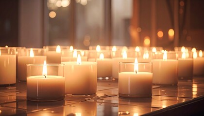 Multiple lit white candles on a reflective surface in a serene setting.