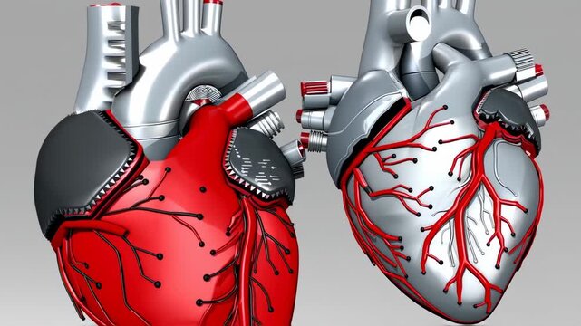 Two robotic hearts rendered; one red, the other a metal color