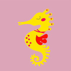Obraz premium Cute yellow seahorse illustration with red heart on pink background, playful love themed cartoon sea animal illustration for kids design, valentine, and decoration