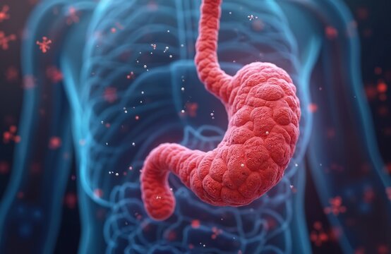 3D human stomach organ showing pepsin enzyme molecules. Digestion process illustrated with acid secretion. Gastric fluid, protein breakdown for medical science.