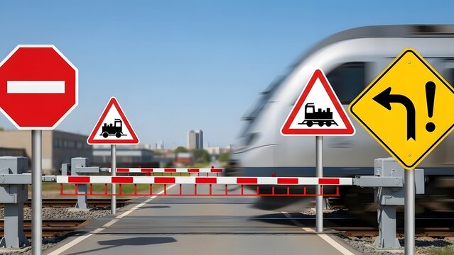 Railway level crossing with barriers down and multiple warning signs indicating danger